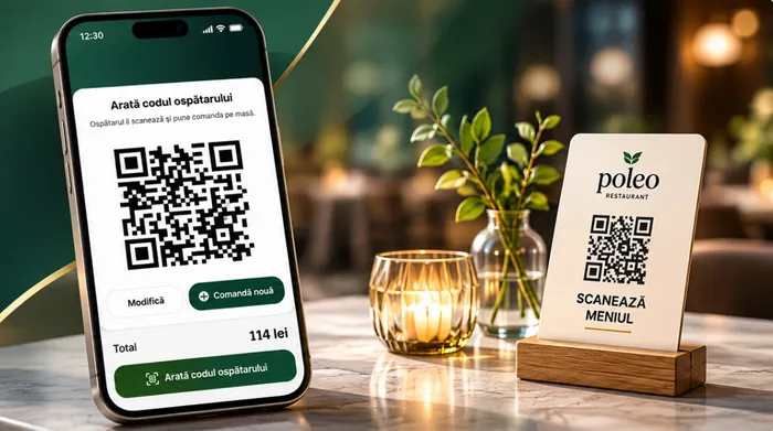 Telefonul clientului cu codul QR al comenzii, lângă suportul cu codul meniului de pe masă